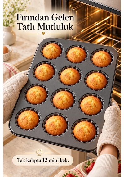 Tilbe Home 12'li Gül Kabartma Muffin Kalıbı Yapışmaz Cupcake Kek Kapsül Brownie Fırın Tepsisi Paslan Siyah