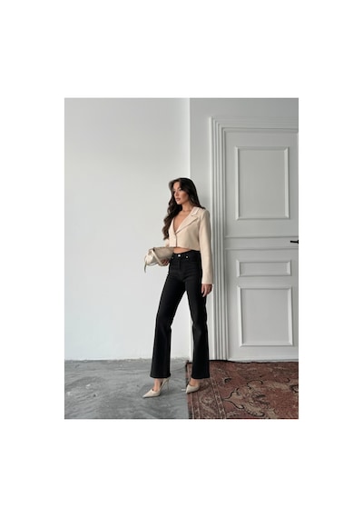 Blue Marlın Yüksek Bel Tam Kalıp Paça Kesik Boru Paça Jeans Siyah
