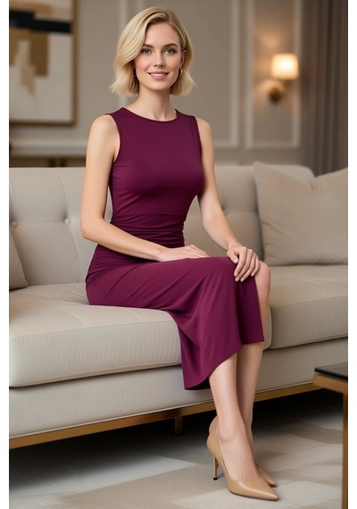 Benerly Kadın Kolsuz Balıkçı Yaka Bodycon Maxi Elbise Astarlı Micro Dokum Mürdüm