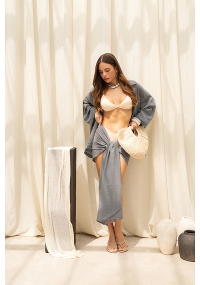 Mai Collection Cozy Şal Detay Füme Üçlü Gömlek Pantolon Keten Takım
