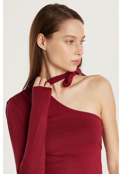 Tudors Kadın Standart Fit Fitilli Tek Kol Asimetrik Yaka Bordo Bluz-33994 Bordo