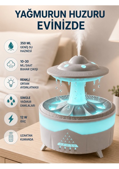 Rgb Işıklı Yağmur Efektli Ha Nemlendirici 350 Ml Sessiz Çalışma Uzaktan Kumanda