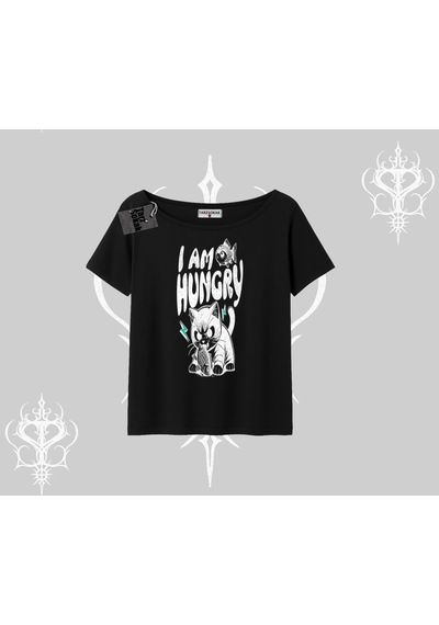 Startmore Startmore Am Hungry Kedi Baskılı Kayık Yaka Tshirt Siyah