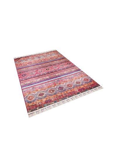 Etnik Kilim Desenli Pamuk Taban Yıkanabilir Baskılı Dekoratif Halı Kırmızı