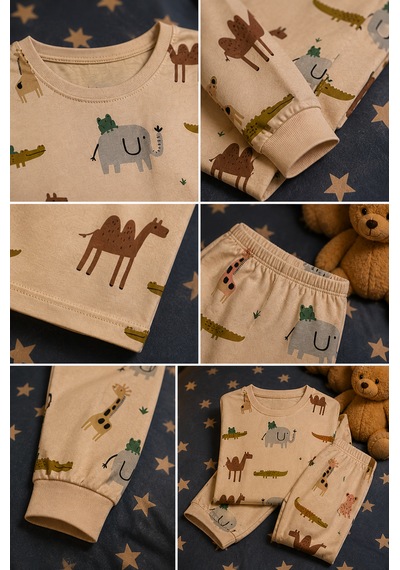 Durukoza %100 Pamuk 4 Mevsim Çocuk Pijama Takımı 8-13 Yaş Yumuşak Dokulu Açık Bej