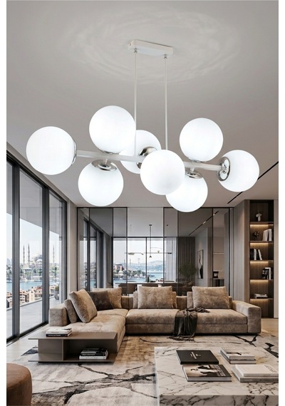 Cross 8'li Beyaz Glob Camlı Krom - Beyaz Modern Sarkıt Avize Oturma Odası Salon Gri Gri