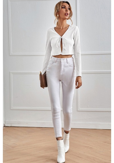 Kadın Beyaz Uzun Kollu Önden Bağlama Detaylı Crop Top Bluz