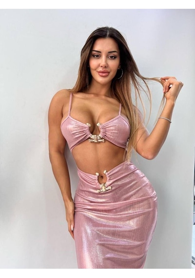 Pink Life Pembe Pu Faux Lame Tokalı Elbise Pembe