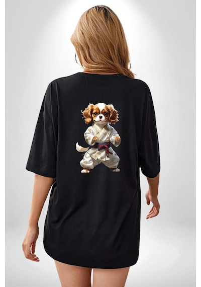 Cavailer King Charles Spaniel Karate Siyah Oversize Unisex Ön Ve Sırt Baskılı Tişört Siyah