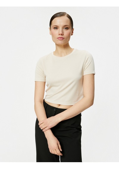 Koton Crop Tişört Kısa Kollu Bisiklet Yaka Modal Karışımlı Bej 4sak50259ek Ekru