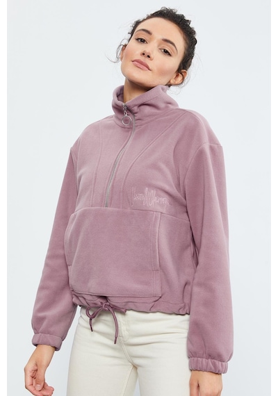 Tommy Life Gül Kurusu Yarım Fermuar Etek Ucu Büzgülü Kadın Polar Oversize Sweatshirt - 97171 Gülkurusu