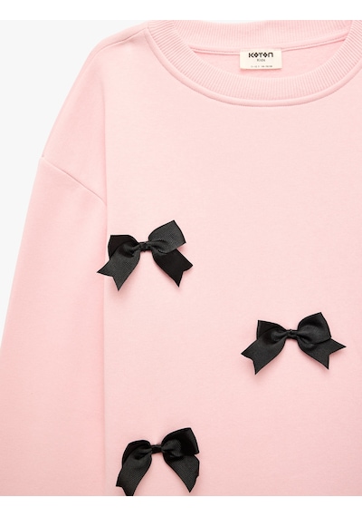 Koton Fiyonklu Uzun Kollu Bisiklet Yaka Pamuklu Şardonlu Sweatshirt Pembe 7wkg10081ak Gül