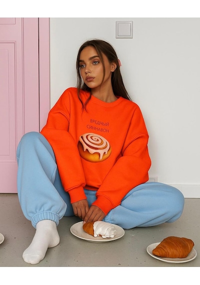 Benroma 3 İplik Penye Pasta Baskılı Unisex Sweatshırt Turuncu