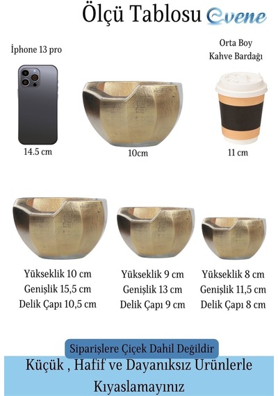 Saksı Çiçek Kaktüs Saksısı Lüx 15 Cm Önü Açık Desenli 3'lü Set Çiçeklik - Altın Eskitme