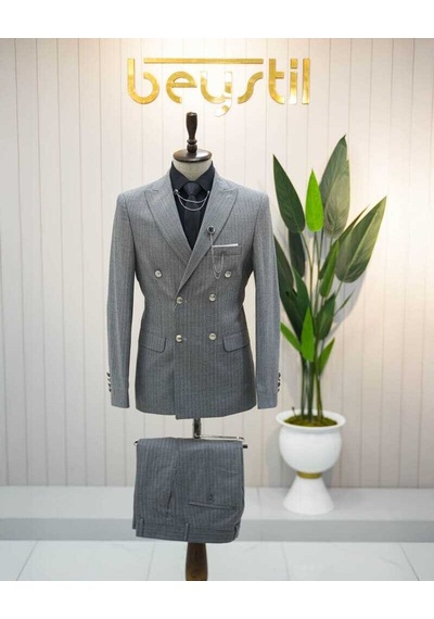 Beystil Sivri Yaka Gri Çizgili Kruvaze Takım Elbise Bezayak036- Slim Fit Gri