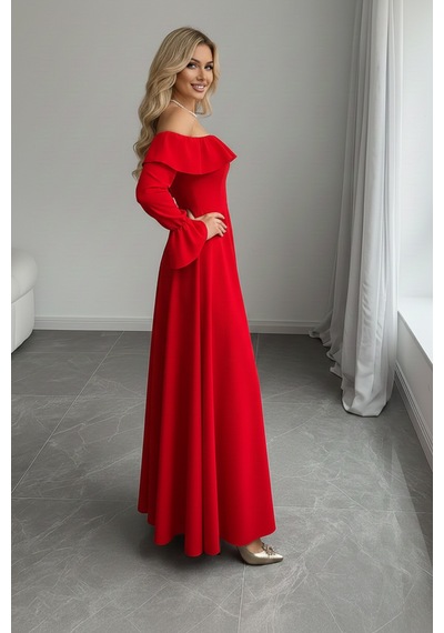 Defymoda Kadın Modern Kesim Fırfır Detaylı Elbise Kırmızı