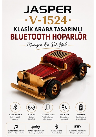Jasper Jpr-1524 Dekoratif Bluetooth Hoparlör Telefon Standı Retro Klasik Araba Tasarım 3w 1200 Mah