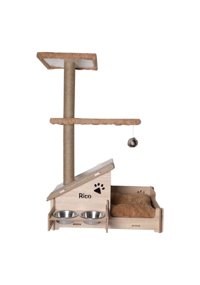 Çok Amaçlı Katlı Kedi Evi-isim Baskılı-ahşap Mdf-tırmalama Çubuklu-kahverengi-çelik Kase-2 350