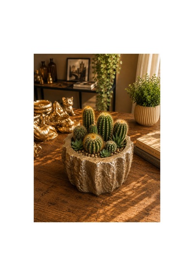 Dekoratif Gold Saksı 13x7 Cm Polyester Taş Görünümlü Kaktüs Sukulent Çiçek Saksısı Gümüş