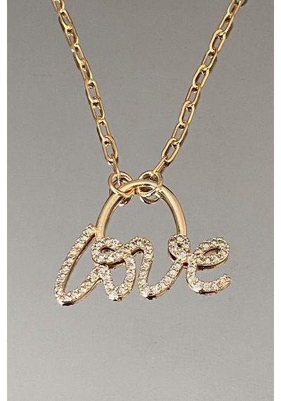 Love Yazılı Zirkon Taşlı Kolye Altın