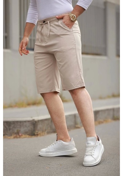 Defymoda Erkek Beli Bağcıklı Ve Düğmeli Bezayağı Kumaş Şort Bej