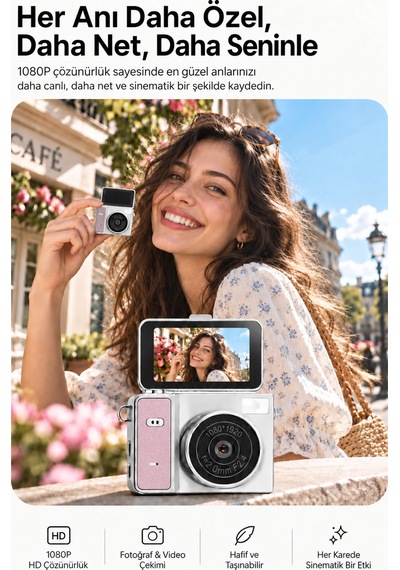 Mimtec Blm-109 Retro Mini Dijital Kamera 1080p Hd Katlanabilir Ekran Flaşlı Selfie Vlog Video Kamerası Pembe