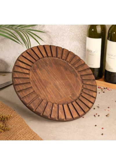 Fam Wood Art Büyük Boy Ahşap Çizgili Sunumluk , Supla , Peynir Tabağı , Kek Pasta Standı %100 Çam Kahverengi