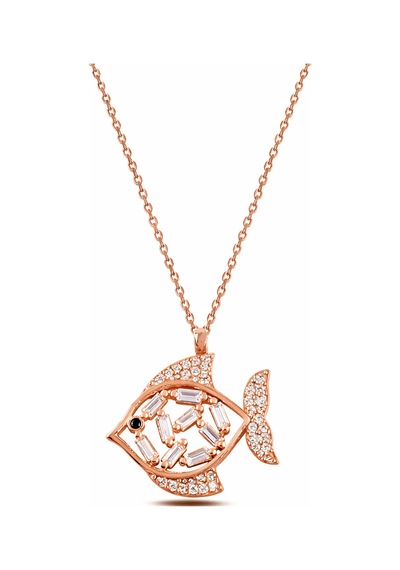 Çekirdekjewelry 925 Ayar Gümüş Rose Kaplama Balık Kolye Zirkon Taşlı Şık Tasarım Pembe