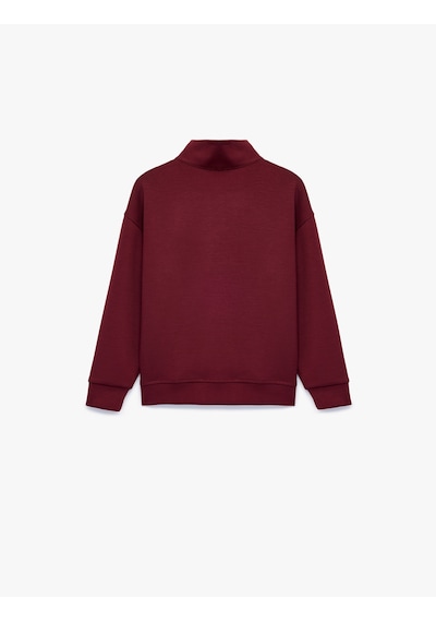 Koton Baskılı Viskon Karışımlı Uzun Kollu Fermuarlı Yaka Sweatshirt Bordo 7wkg10376ak
