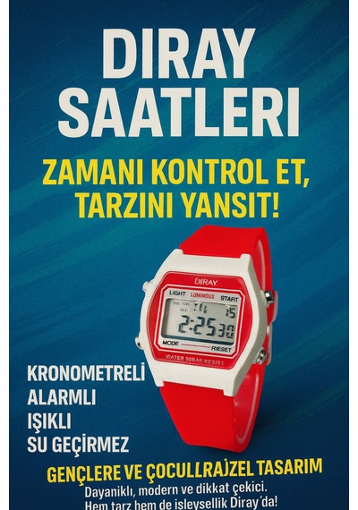 Dıray 30 Metre Suya Dayanaklı Işıklı Alarmlı Kronemetreli Takvimli Çoçuk/genç Saati Kırmızı - 746668533 Siyah
