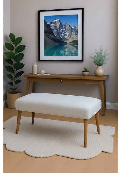 Azra Mobilya Modern Keten Kumaş Puf Bench 90x45 Cm Demonte Ahşap Ayaklı Oturma Pufu - Krem Ekru