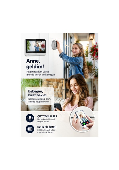 Kablosuz Akıllı Görüntülü Kapı Zili 2.4g Wifi Çift Yönlü Ses, Hareket Algılama, Uzaktan Telefon Takibi 5000mah