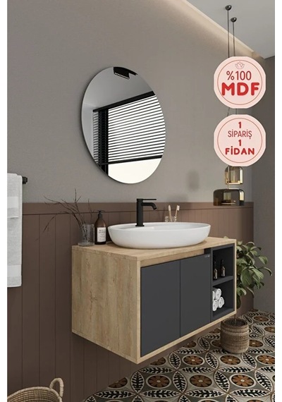 Gül 80 Cm %100 Mdf Lavabolu Banyo Dolabı Ayna Alt Dolap Lavabo Antrasit