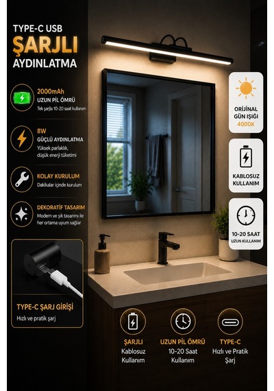 Flüt Aplik / 45cm / Şarjlı Led Aplik / Type-c Usb Kablosuz Duvar Lambası 8w Gün Işığı 3000k Siyah Kasa