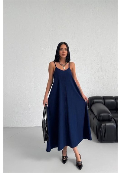 Neşeli Butik Kadın Lacivert Askılı İçi Astarlı Kaş Keten Elbise Nbg017 Lacivert