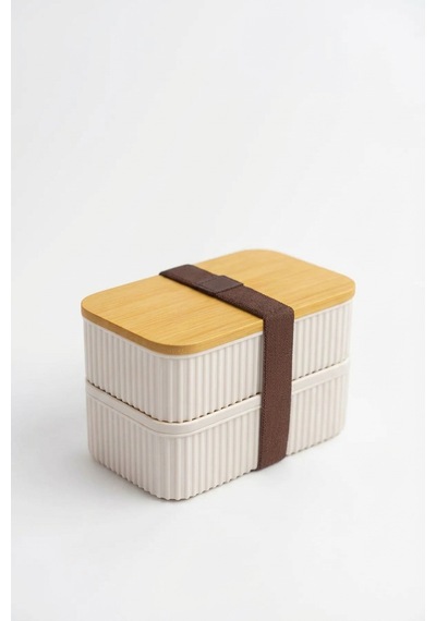 Makri Home Bambu Kapaklı 2'li Saklama Kabı Seti 0,5+0,5 Litre Üst Üste Konabilir 15x9x10 Cm Krem