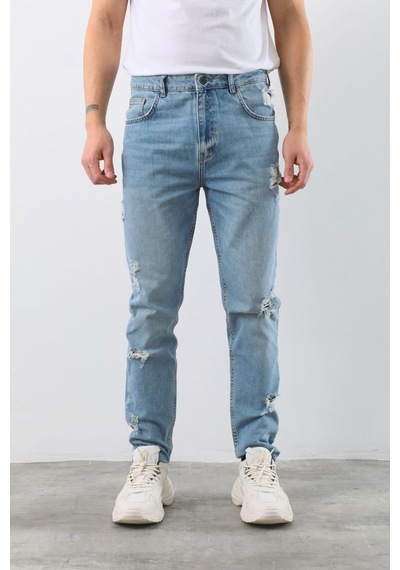 Blue White Erkek Yırtık Detaylı Jean Pantolon Mavi