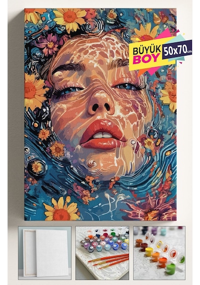 Sayılarla Boyama Seti Numaralı Tuval Fırça Boya Dahil Kasnaklı Set 50x70 Cm - Su Ve Kadın