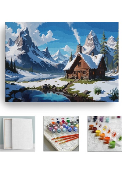 Sayılarla Boyama Seti Numaralı Tuval Fırça Boya 40x50 Cm - Karlı Manzara