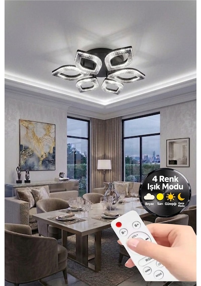 LumiaLighting Yonca Model Siyah Kumandalı 6"lı Ledli 3 Renk Modu Kristal Salon Mutfak Yatak Çocuk Odası Avize Gümüş