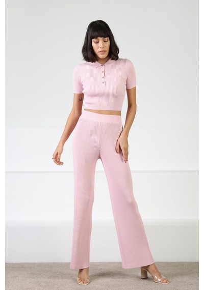 Ferraro Pembe Kadın Polo Yaka Kısa Kol Fitilli Viskon Triko Bluz Pembe