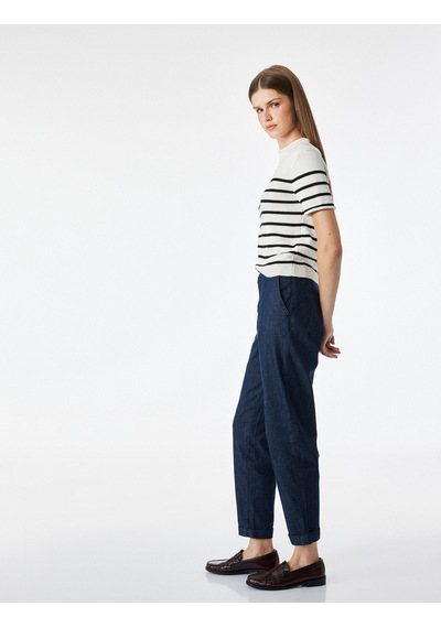 Koton Kemerli Yüksek Bel Rahat Kalıp Chino Denim Pantolon Koyu İndigo 7wal40049md Indigo