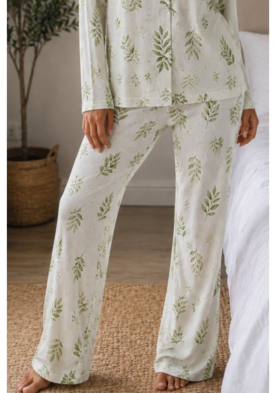 Kadın Örme Gömlek Yaka Çağla Yeşili Pijama Takımı