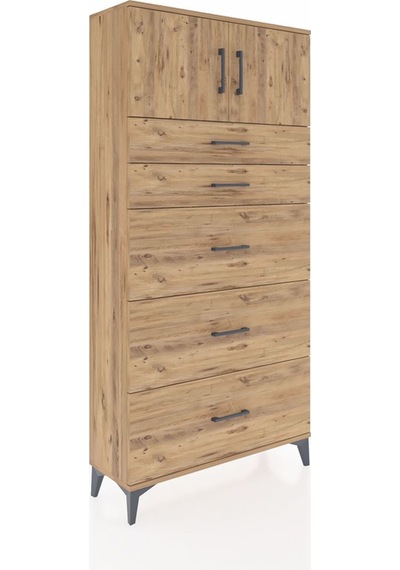Arges Dolap Tek Raflı 5 Çekmeceli 2 Kapaklı 88x30x182 Çam-çam Çam