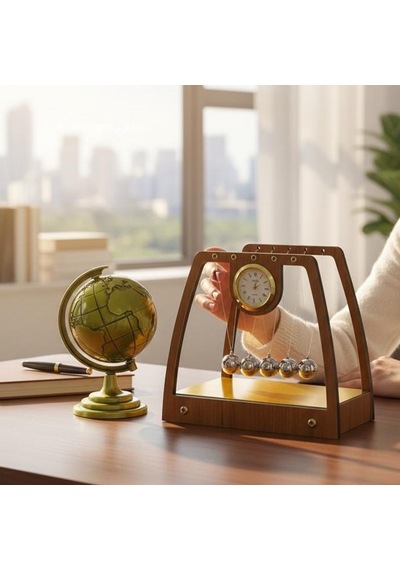 Kişiye Özel İsimli Saatli Masa Üstü Newton Denge Topları Ve Dünya Biblo Ofis İş Hediyesi