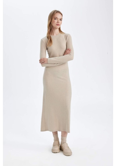 DeFacto Bodycon Vücudu Saran Bisiklet Yaka Basic Düz Kaşkorse Uzun Kollu Maxi Elbise D3373AX24WNBG123 Bej