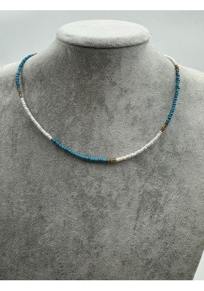 Aqua Zarafet Turkuaz Beyaz Boncuklu Altın Detaylı Kadın Choker Kolye, Minimal Günlük Kolye Renkli