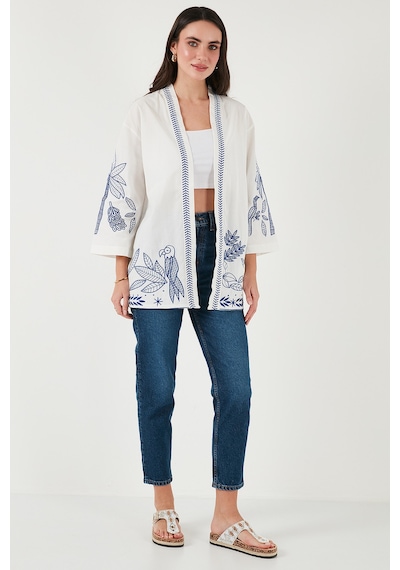 Lela Nakış Işlemeli Pamuklu Oversize Fit Truvakar Kol Bayan Kimono 676302 Ekru