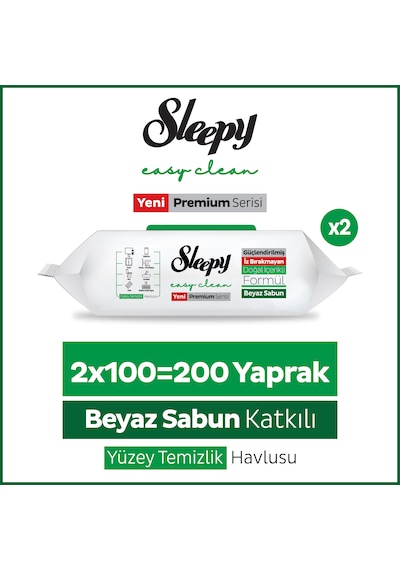 Sleepy Easy Clean Premium Beyaz Sabun Katkılı Yüzey Temizlik Havlusu Mendili 2x100 (200 Yaprak)