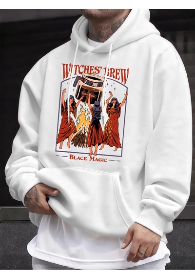 Tarzsokak Cadılar Brew Black Magic Baskılı Erkek Kazak Rahat Kazak Gevşek Trendy Tüm Maç Hoody Unisex S Beyaz